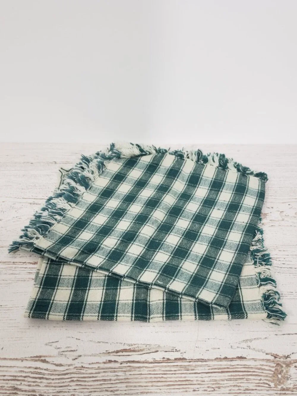 Green Check  Pair of woven cotton napkins 17 X 18 with fringe  primitive cottage